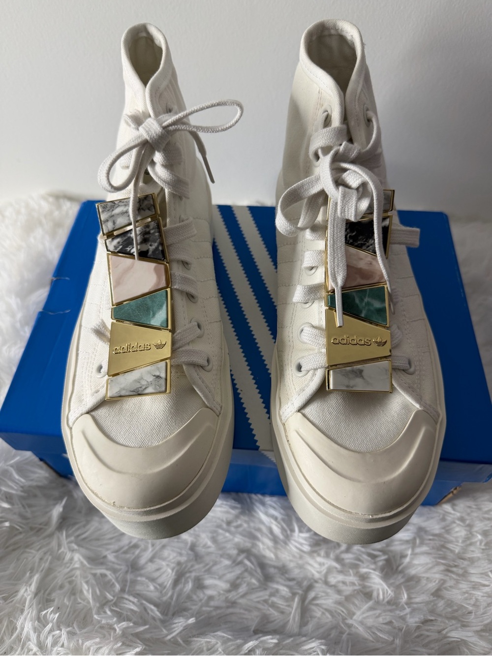 adidas Cream High-Top Sneakers with Decorative Geometric Tags